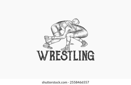 A hand drawn sketch depicting two wrestlers locked in a close wrestling match.