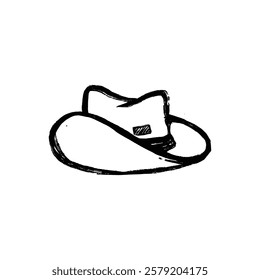 A hand drawn sketch depicts a classic western style cowboy hat with a wide brim.