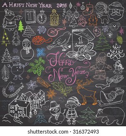 Hand drawn Sketch design of happy new year 2016 Doodles with Lettering set, with christmas trees snowflakes, snowman, elf, deer, santa claus and festive elements,  Vector Illustration on chalkboard