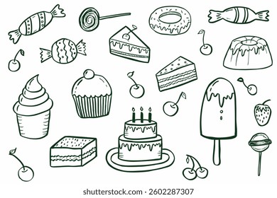 Hand drawn sketch of desserts, doodle collection, vector, isolated. Free hand illustration of sweet food.
