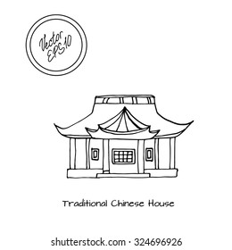 Hand drawn sketch of detached Asian or traditional Chinese house with big windows and roof. Black and white sketch. Front view. Vector illustration. funny kids style. Japanese building. HOUSE, home