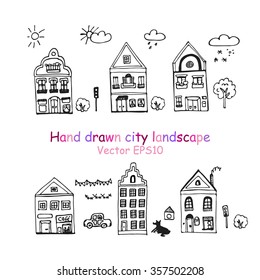 Hand drawn sketch of detached houses with big windows and cartoon car, doodle tree, dog and weather icons. Front view with cafe inside the house. Vector illustration. funny kids style. wrapping paper.