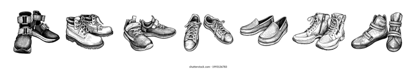 Esbozo dibujado a mano de diferentes zapatos de pares. Boots, zapatillas, moccasinas aisladas en un fondo blanco. Concepto de zapatos de confort en un estilo casual moderno. Vista lateral. Ilustración del vector