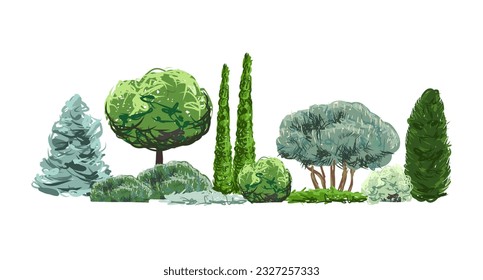 Handgezeichnete Skizze verschiedener Bäume und Sträucher in Kombination mit Landschaftsdesign. Ideen für Gartendesign. Koniferische und Laubpflanzen mischen Zusammensetzung. Vektorgrafik