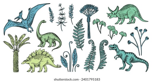 Dinosaurios dibujados a mano. Ilustración aislada del vector