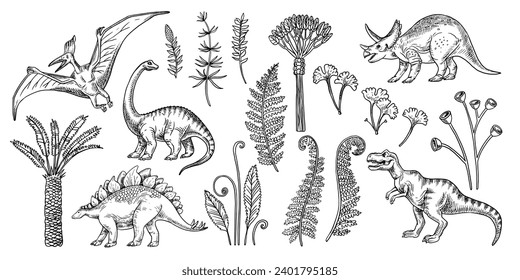 Hand drawn sketch dinosaurs set. Vector isolated illustration