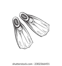 Hand drawn  sketch of diving fins. Vintage vector illustration isolated on white background. Doodle drawing. 