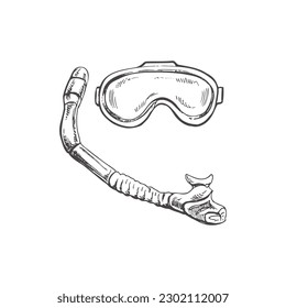 Hand drawn sketch of diving mask and snorkel, vector Marine concept elements. Engraving illustration on white background.