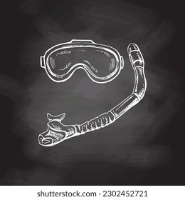 Hand drawn sketch of diving mask and snorkel, vector Marine concept elements. Engraving illustration on chalkboard  background.