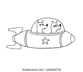 Hand drawn sketch with dogs in spaceship. Vector illustration.