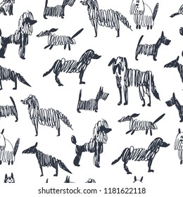 Hand drawn sketch dogs.  Vector  seamless pattern