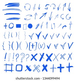 Hand drawn sketch doodle arrows, checkmarks, signs, icons, lines, brush strokes, brackets, speech bubbles, handwritten design elements set isolated on white background 