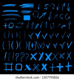 Hand drawn sketch doodle arrows, checkmarks, signs, icons, lines, brush strokes, brackets, handwritten design elements set isolated on black background 
