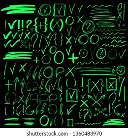 Hand drawn sketch doodle arrows, checkmarks, signs, icons, lines, brush strokes, brackets, speech bubbles, handwritten design elements set isolated on black background 