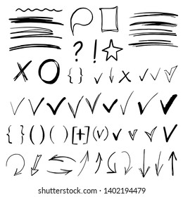 Hand drawn sketch doodle arrows, checkmarks, signs, icons, lines, brush strokes, brackets, speech bubble, highlighters, handwritten design elements set isolated on white background 