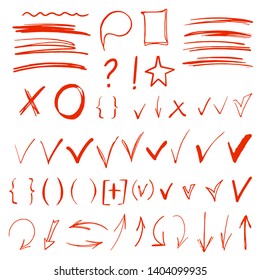 Hand drawn sketch doodle arrows, checkmarks, signs, icons, lines, brush strokes, brackets, speech bubble, highlighters, handwritten design elements set isolated on white background 