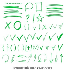 Hand drawn sketch doodle arrows, checkmarks, signs, icons, lines, brush strokes, brackets, speech bubble, highlighters, handwritten design elements set isolated on white background 