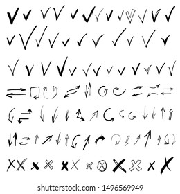 Hand drawn sketch doodle arrows, checkmarks, x, design elements set isolated on white background 