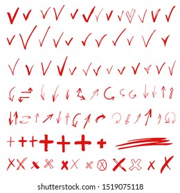 Hand drawn sketch doodle arrows, checkmarks, x, cross, brush strokes, handwritten design elements set isolated on white background 