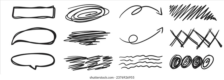 Hand drawn sketch doodle arrows, checkmarks, signs, icons, lines, brush strokes, brackets, speech bubbles, handwritten design elements set isolated on white background