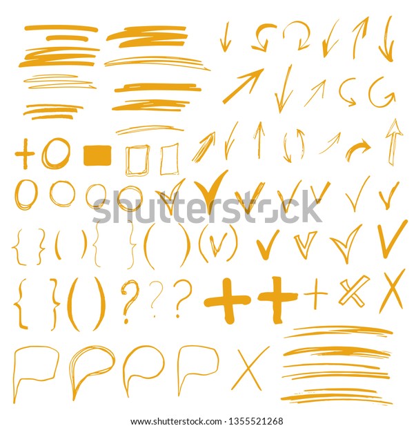 Hand drawn sketch doodle\
arrows, checkmarks, signs, icons, lines, brush strokes, brackets,\
speech bubbles, handwritten design elements set isolated on white\
background 