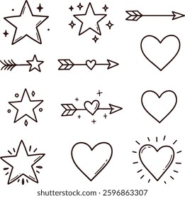 Hand drawn sketch doodle cute star, emphasis, flower element. Pen line text decoration shape icon