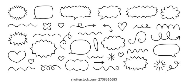 Handgezeichnete Skizze doodle niedlich Herz, Stern, Blumenelement. Netter Swoosh, Sprechblasendoodles. Kreatives Design, Vektorgrafik-Sammlung.