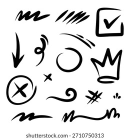 Esboço Desenhado à Mão Esboço Doodle Elements Set Seta Coroa Marca de Seleção