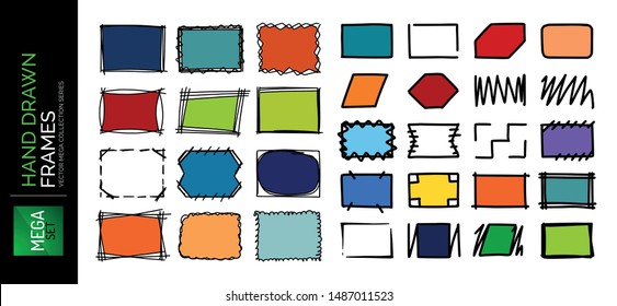 Hand drawn sketch doodle frames set, borders, square and rectangle shapes for text. Design elements collection