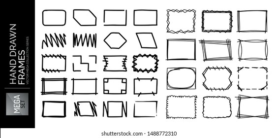 Hand drawn sketch doodle frames set, borders, square and rectangle shapes for text. Design elements collection