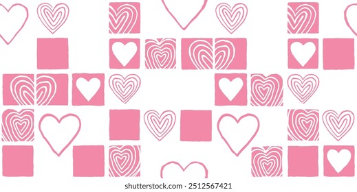 Corazones de doodle dibujados a mano - patrón monocromo sin costuras. Día de San Valentín o boda romántica decoración texturizada