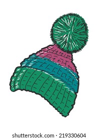 hand drawn, sketch, doodle illustration of knitted cap