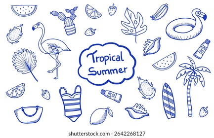 Hand drawn sketch doodle mediterranean blue summer vacation collection. Set summer holiday. Tropical fruits and leaves, flamingo, seashell, swimwear. Vacation Minimalist line art drawing