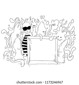 hand drawn sketch doodle monster with blank frame for your text