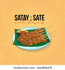 Hand drawn sketch doodle of satay or sate, meat skewers like chicken beef or lamb. Famous and traditional food snack in Malaysia served during breakfast lunch and dinner. Spicy with peanut sauce. 