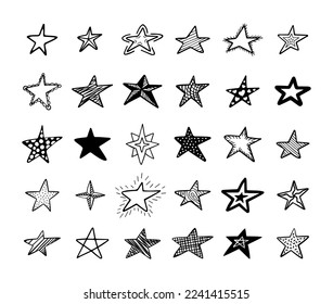 Hand drawn sketch doodle stars set. Grunge paint brush scribble icons, vintage handmade lines, cute black decorative objects. Christmas twinkle lights. Vector stroke utter isolated elements