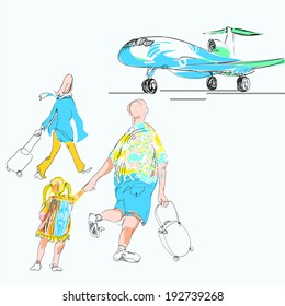 hand drawn sketch in doodle style of a family late for a plane. Concept of going on vacation.