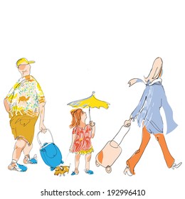 hand drawn sketch in doodle style of a family with luggage going for vacation on white.