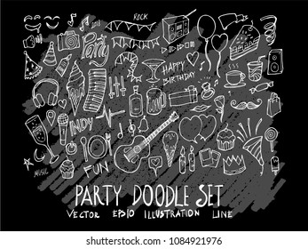 Hand drawn Sketch doodle vector line Party element icon set on Chalkboard