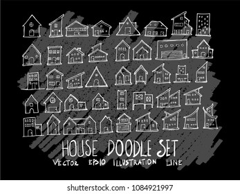 Hand drawn Sketch doodle vector line Building element icon set on Chalkboard