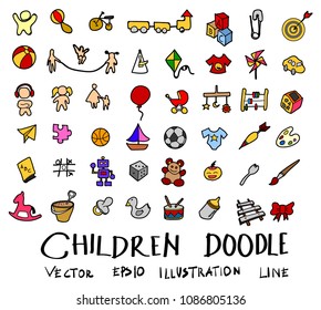 Hand drawn Sketch doodle vector line Children element colour icon set on white