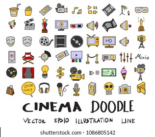 Hand drawn Sketch doodle vector line Cinema element colour icon set on white