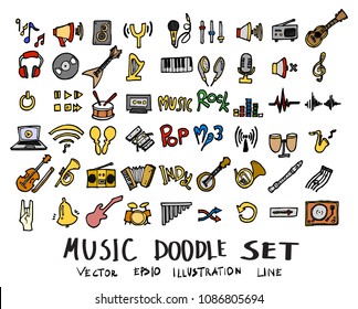 Hand drawn Sketch doodle vector line Music element colour icon set on white