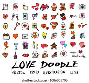Hand drawn Sketch doodle vector line Love element colour icon set on white