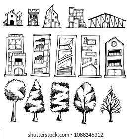 Hand drawn Sketch doodle vector line House Tree element icon set on white