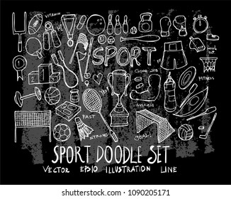Hand drawn Sketch doodle vector line Sport element icon set on Chalkboard