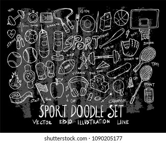 Hand drawn Sketch doodle vector line Sport element icon set on Chalkboard