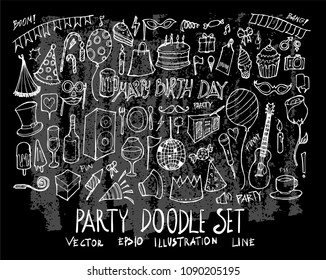 Hand drawn Sketch doodle vector line Party element icon set on Chalkboard