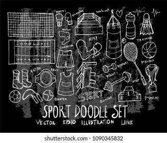 Hand drawn Sketch doodle vector line Sport element icon set on Chalkboard