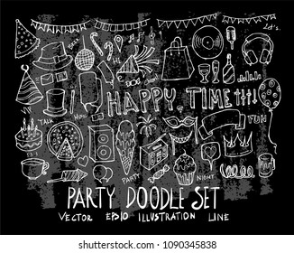 Hand drawn Sketch doodle vector line Party element icon set on Chalkboard